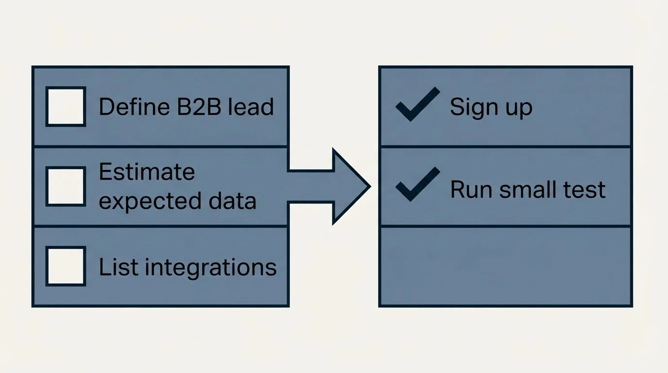 Before-and-after steps: Getting Started Checklist (Define B2B lead, Estimate expected data, List integrations, Sign up)