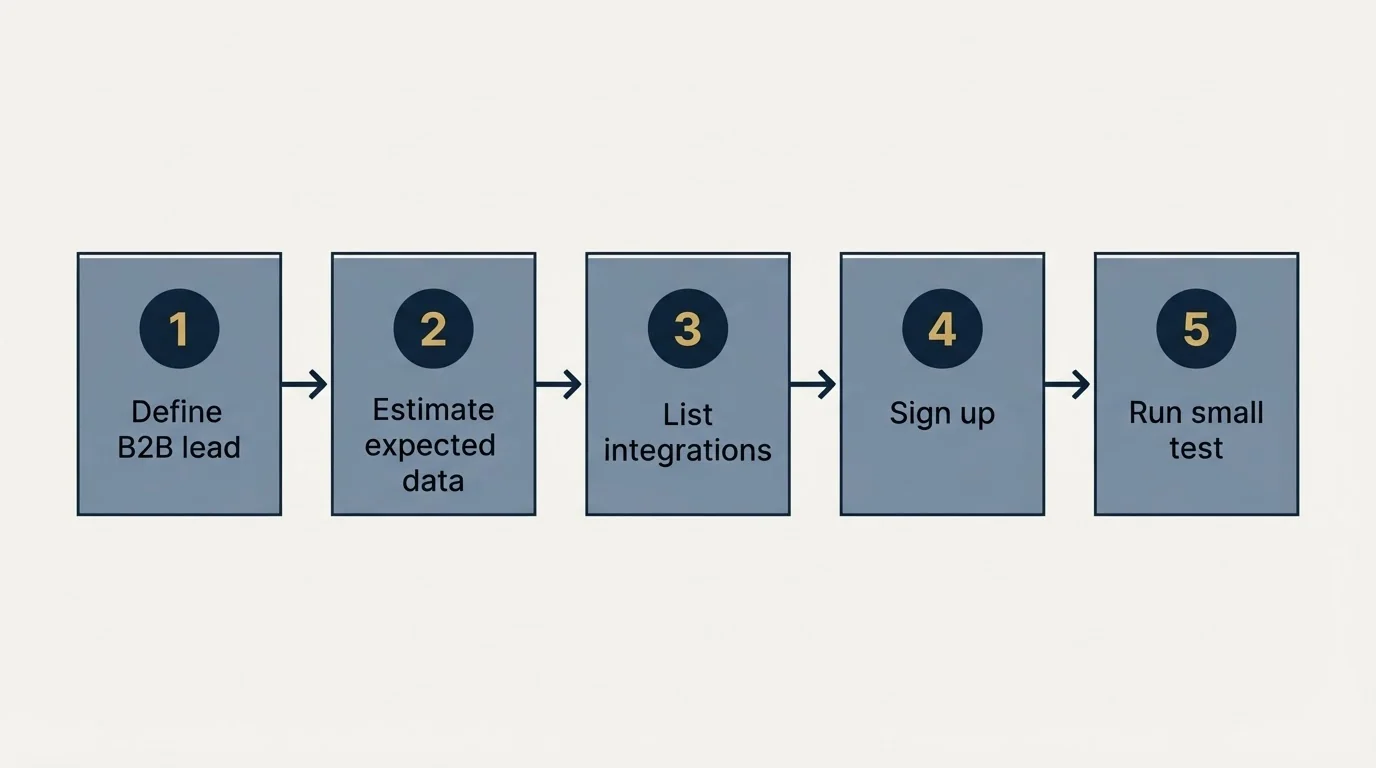 Step sequence: Getting Started Checklist (Define B2B lead, Estimate expected data, List integrations, Sign up)
