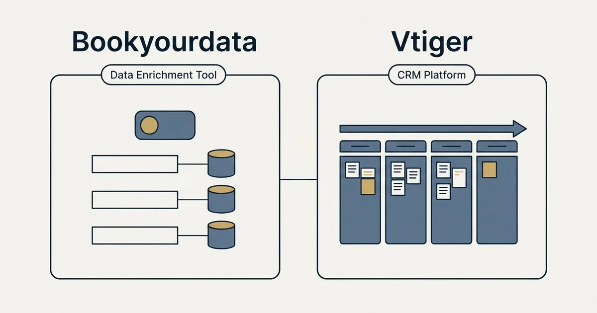 Side-by-side panels: Bookyourdata vs Vtiger (Data Enrichment Tool, CRM Platform)