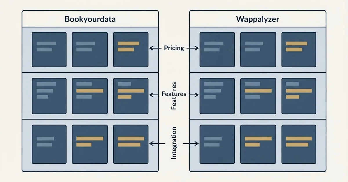 Comparison panel: Bookyourdata vs Wappalyzer (Pricing, Features, Integration)