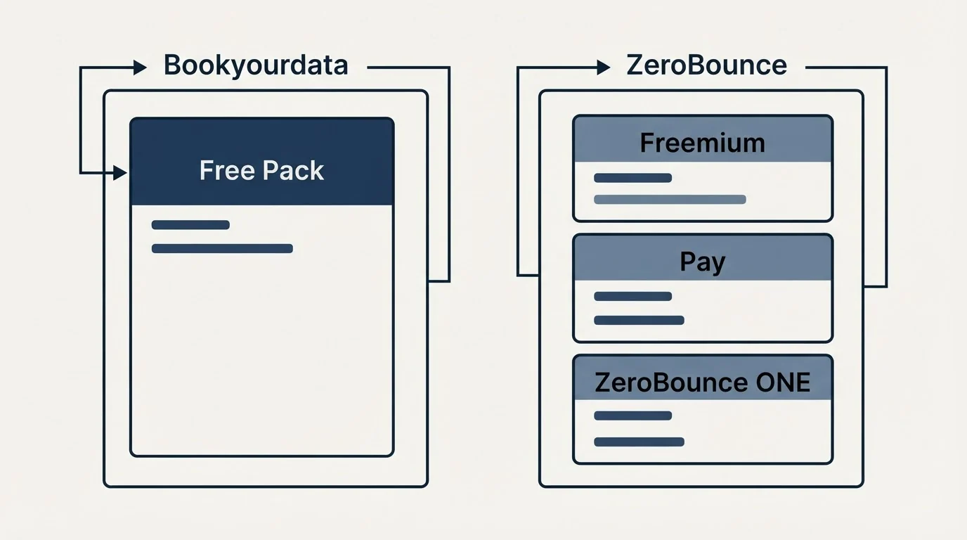 Pricing panels: Pricing Comparison (Bookyourdata, ZeroBounce, Free Pack, Freemium)