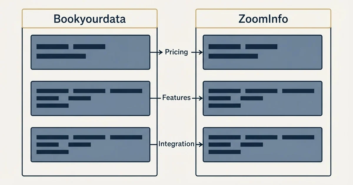 Comparison panel: Bookyourdata vs ZoomInfo (Pricing, Features, Integration)