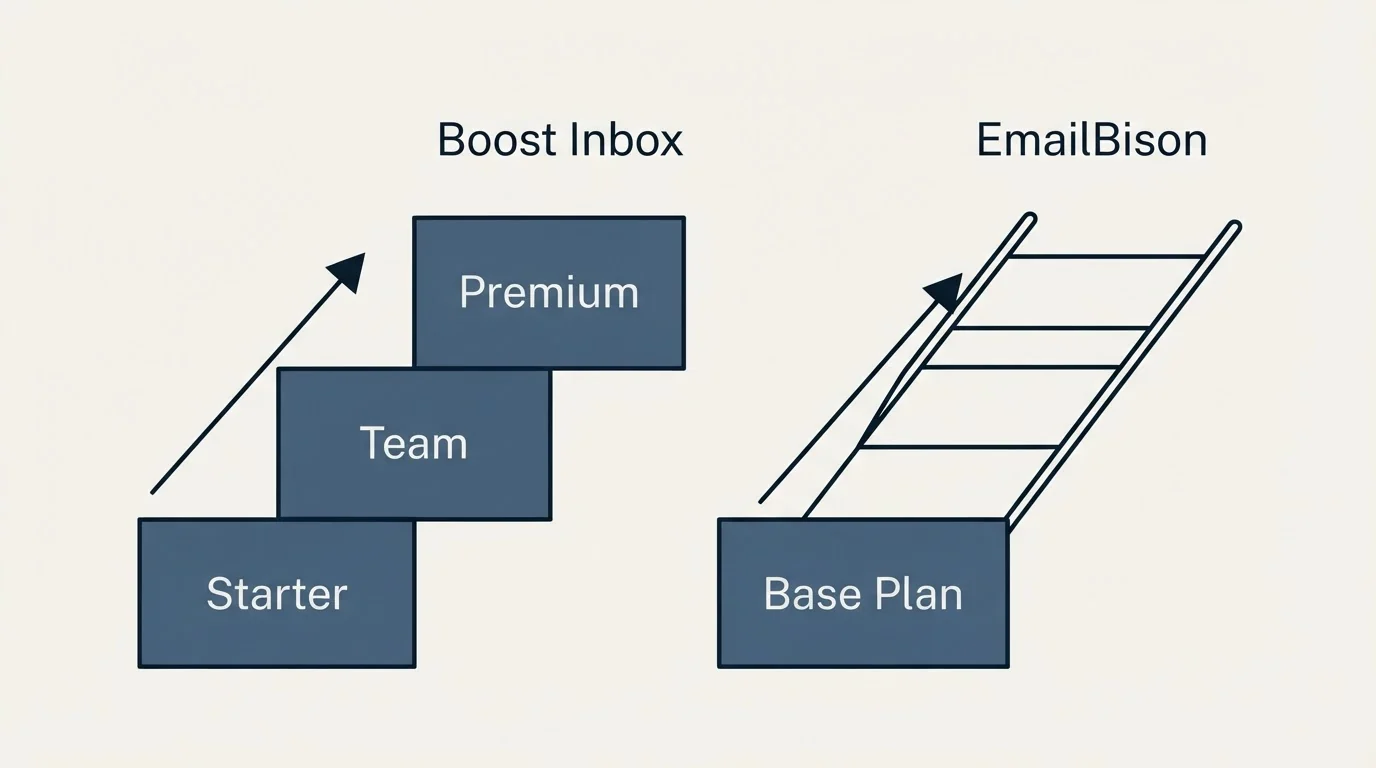 Pricing ladder: Pricing Comparison (Boost Inbox, EmailBison, Starter, Base Plan)