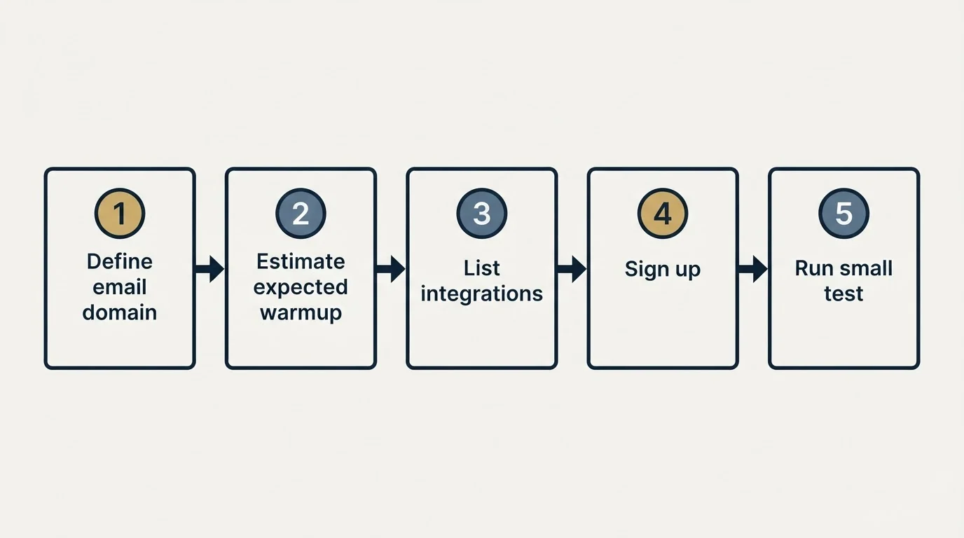 Step sequence: Getting Started Checklist (Define email domain, Estimate expected warmup, List integrations, Sign up)