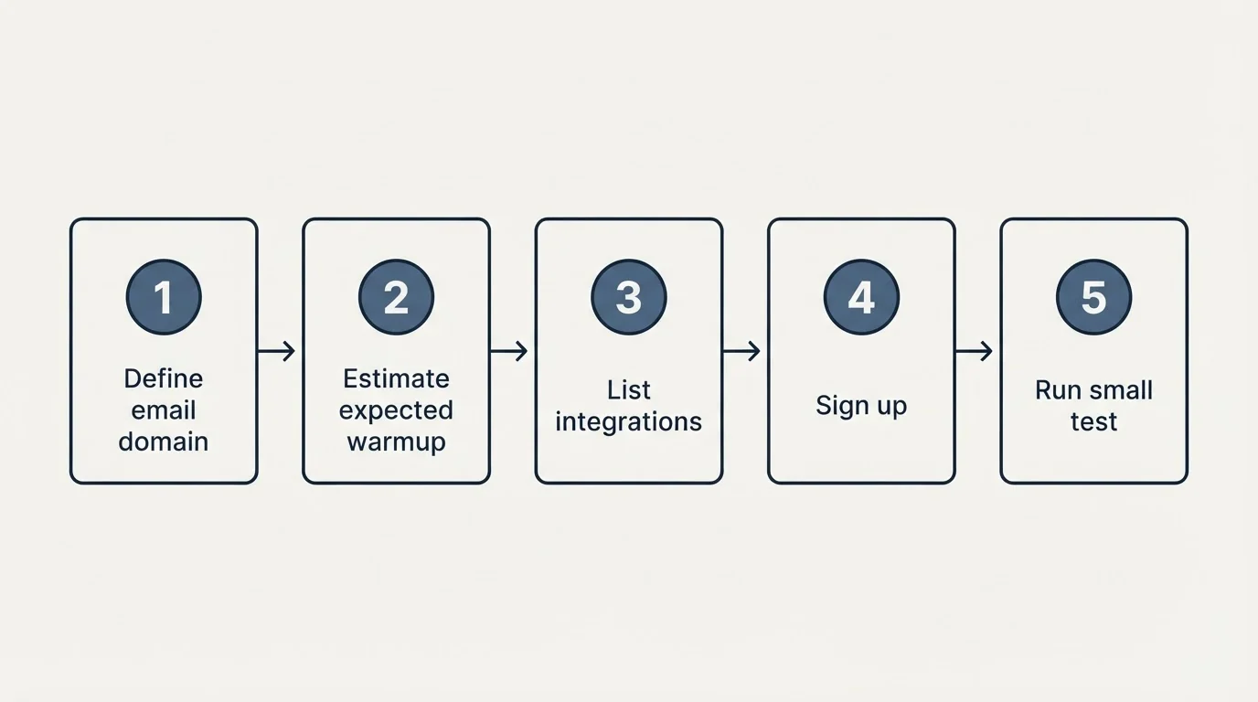 Step sequence: Getting Started Checklist (Define email domain, Estimate expected warmup, List integrations, Sign up)