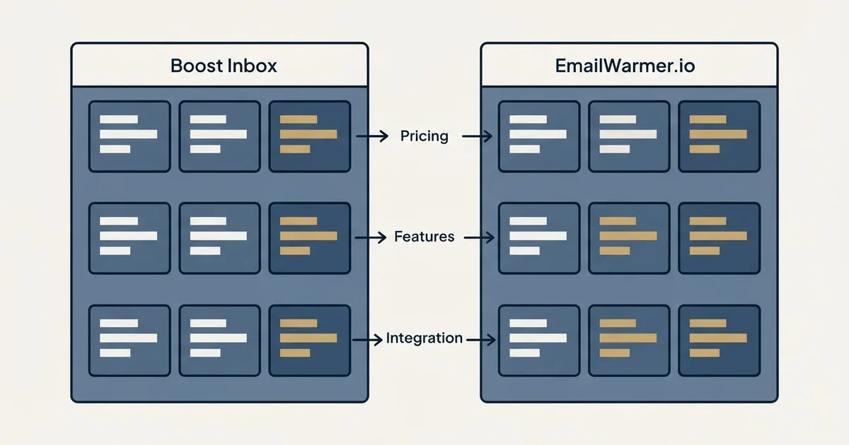 Comparison panel: Boost Inbox vs EmailWarmer.io (Pricing, Features, Integration)