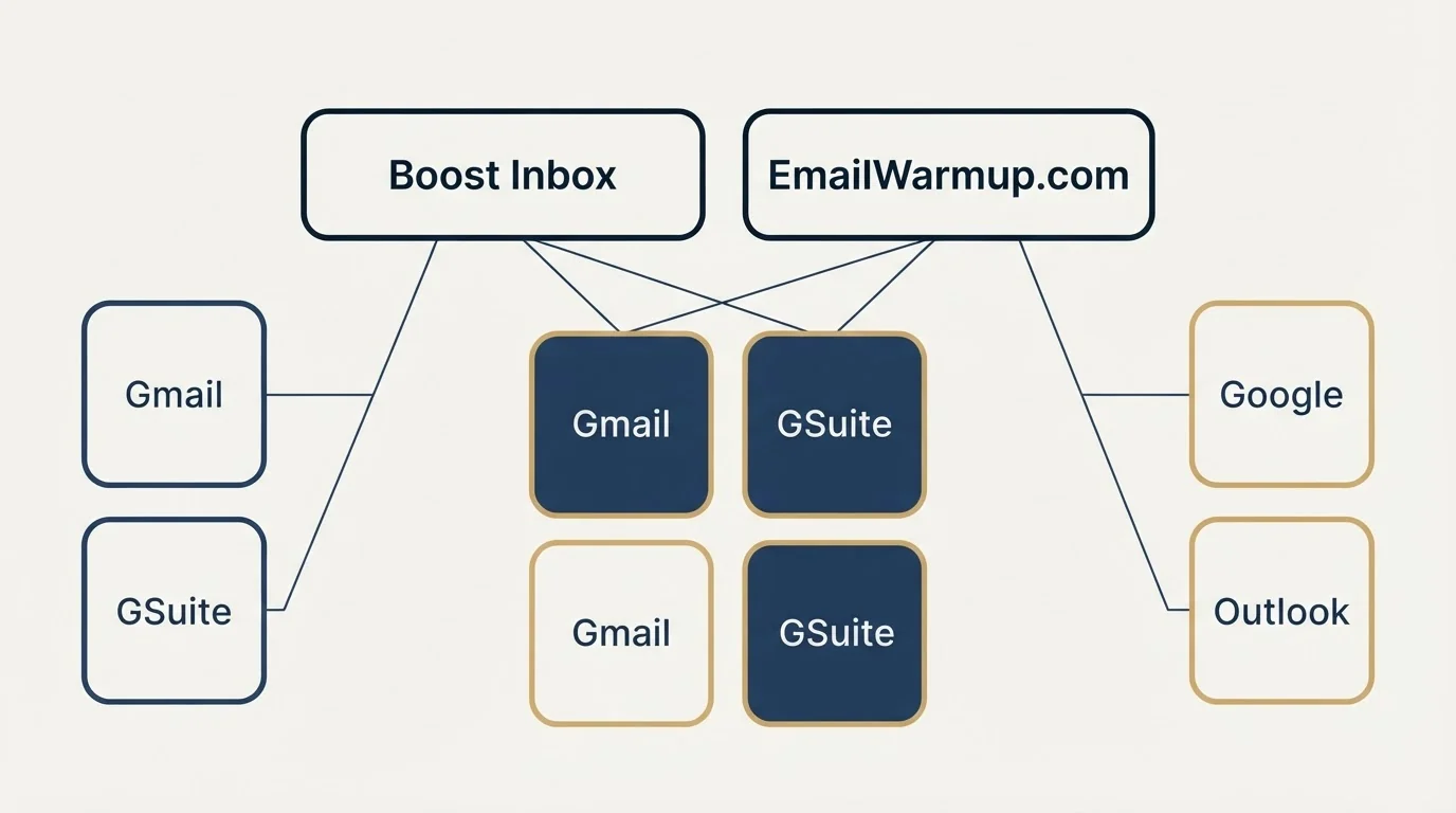 Integration grid: Integration Ecosystem (Boost Inbox, EmailWarmup.com, Gmail, Google)