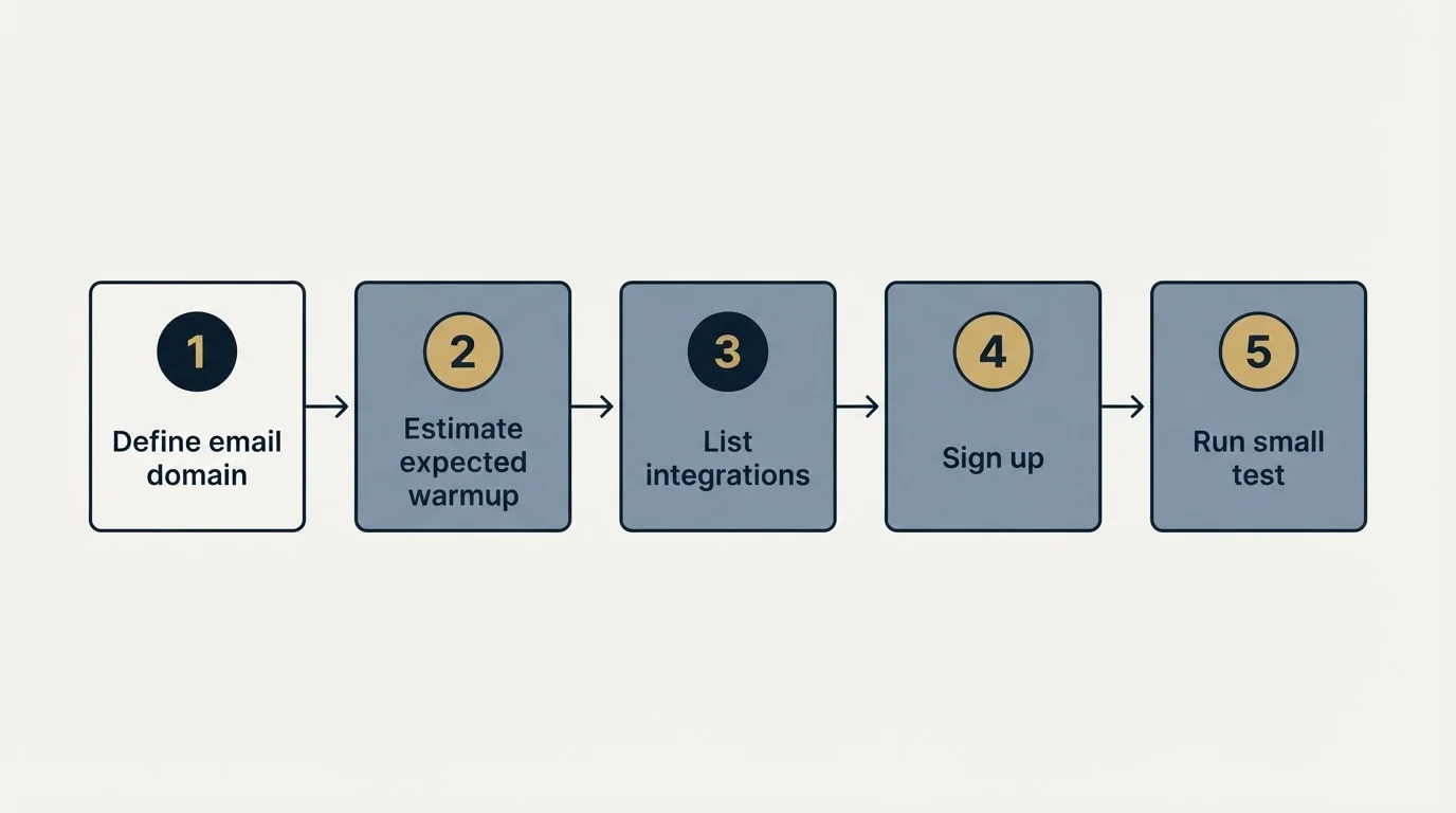 Step sequence: Getting Started Checklist (Define email domain, Estimate expected warmup, List integrations, Sign up)