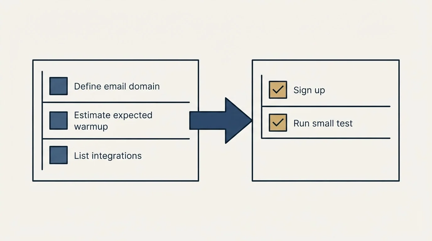 Before-and-after steps: Getting Started Checklist (Define email domain, Estimate expected warmup, List integrations, Sign up)