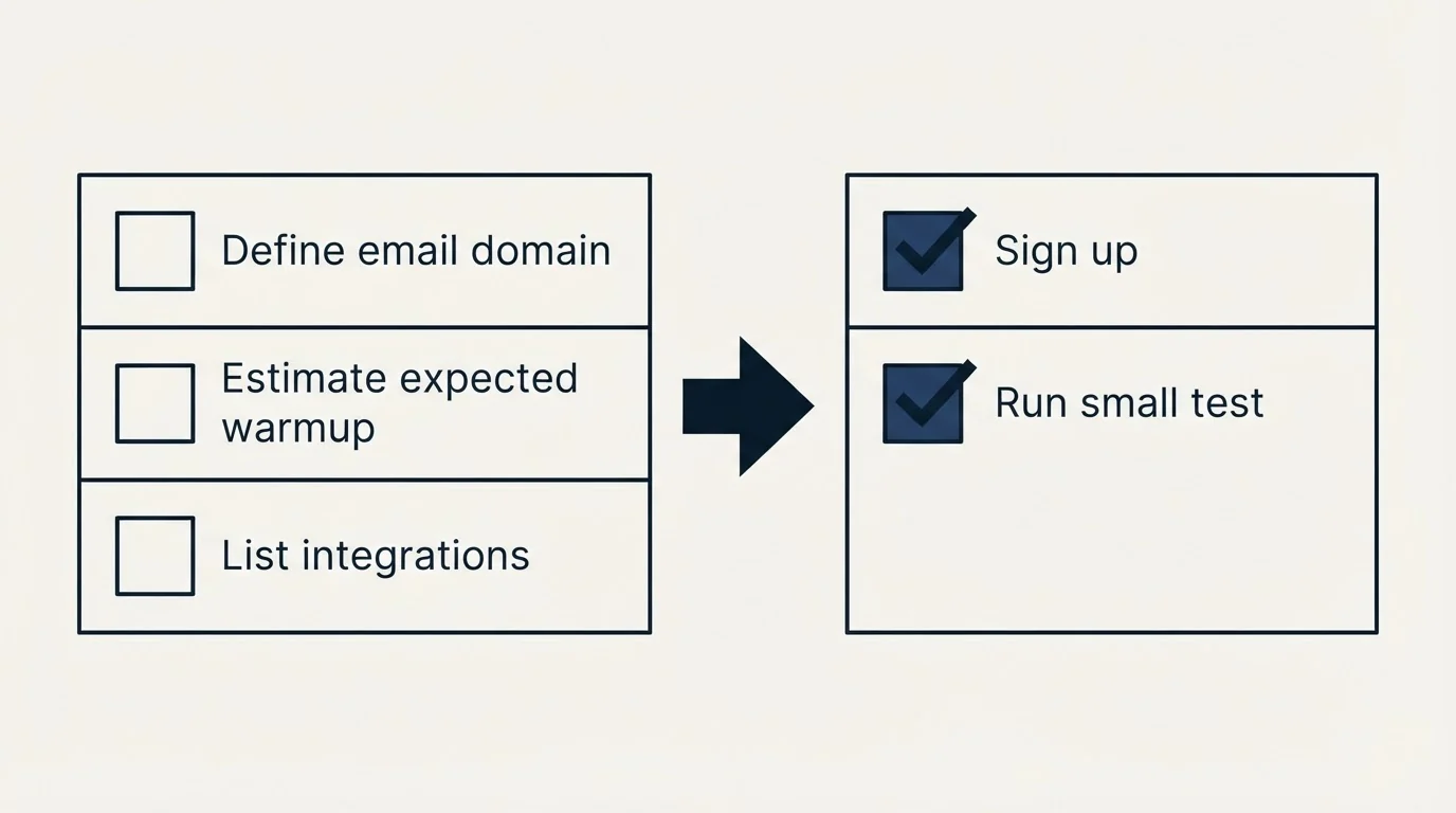 Before-and-after steps: Getting Started Checklist (Define email domain, Estimate expected warmup, List integrations, Sign up)