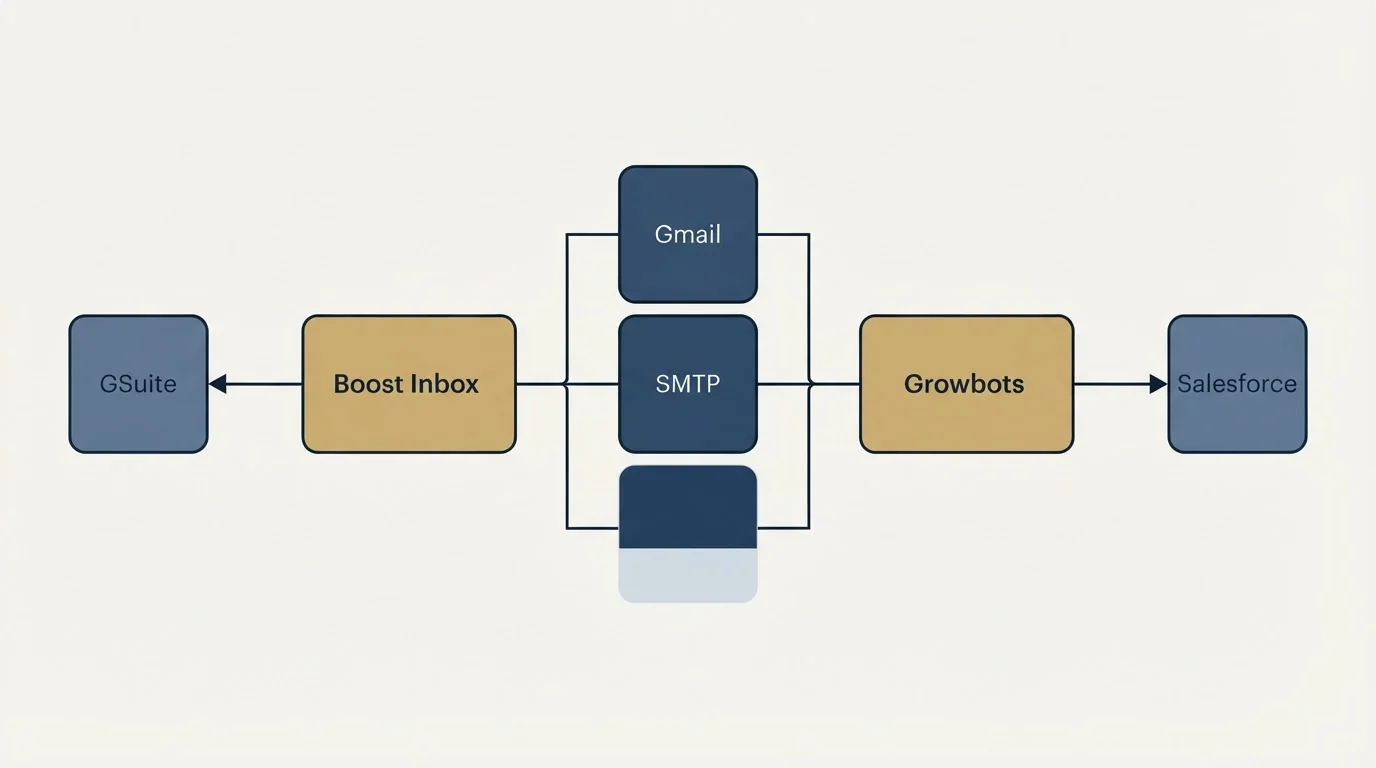 Integration flow: Integration Ecosystem (Boost Inbox, Growbots, Gmail, SMTP)