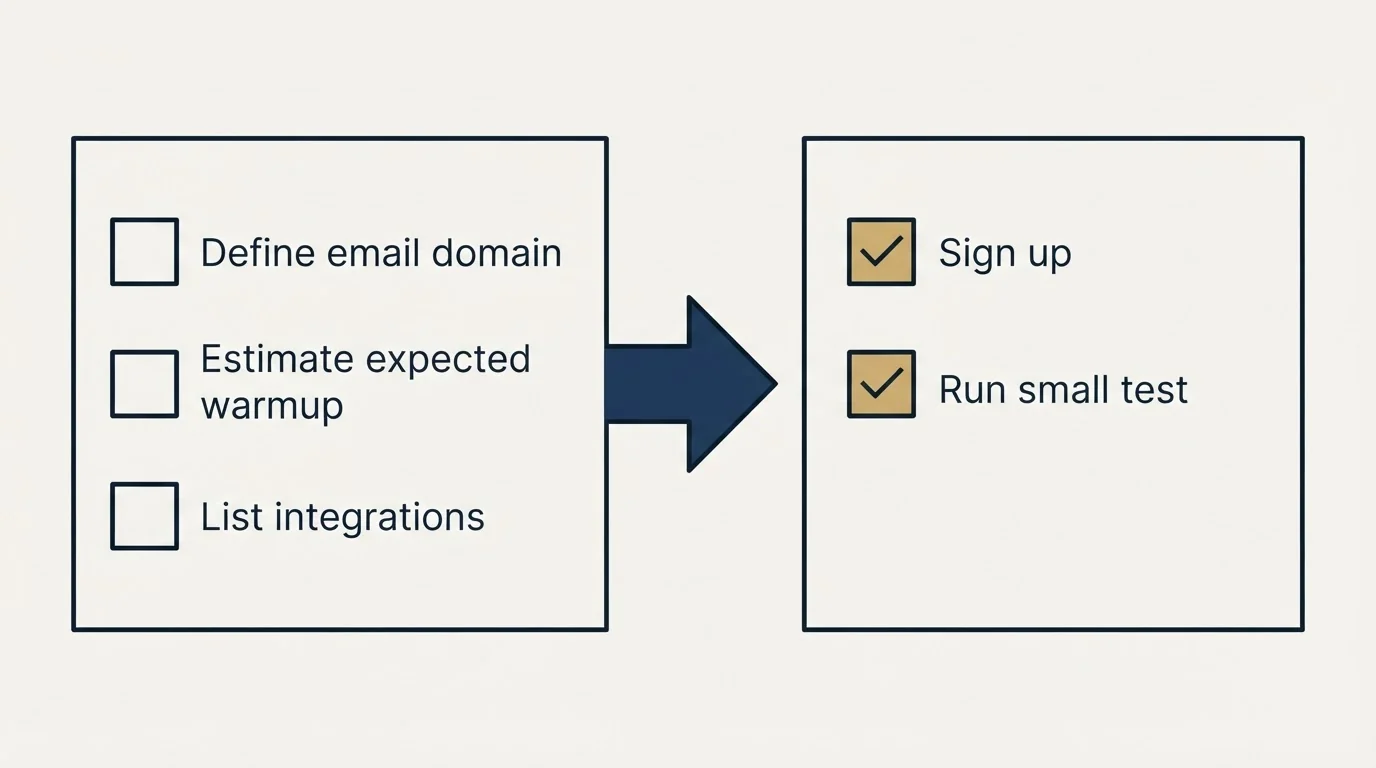 Before-and-after steps: Getting Started Checklist (Define email domain, Estimate expected warmup, List integrations, Sign up)