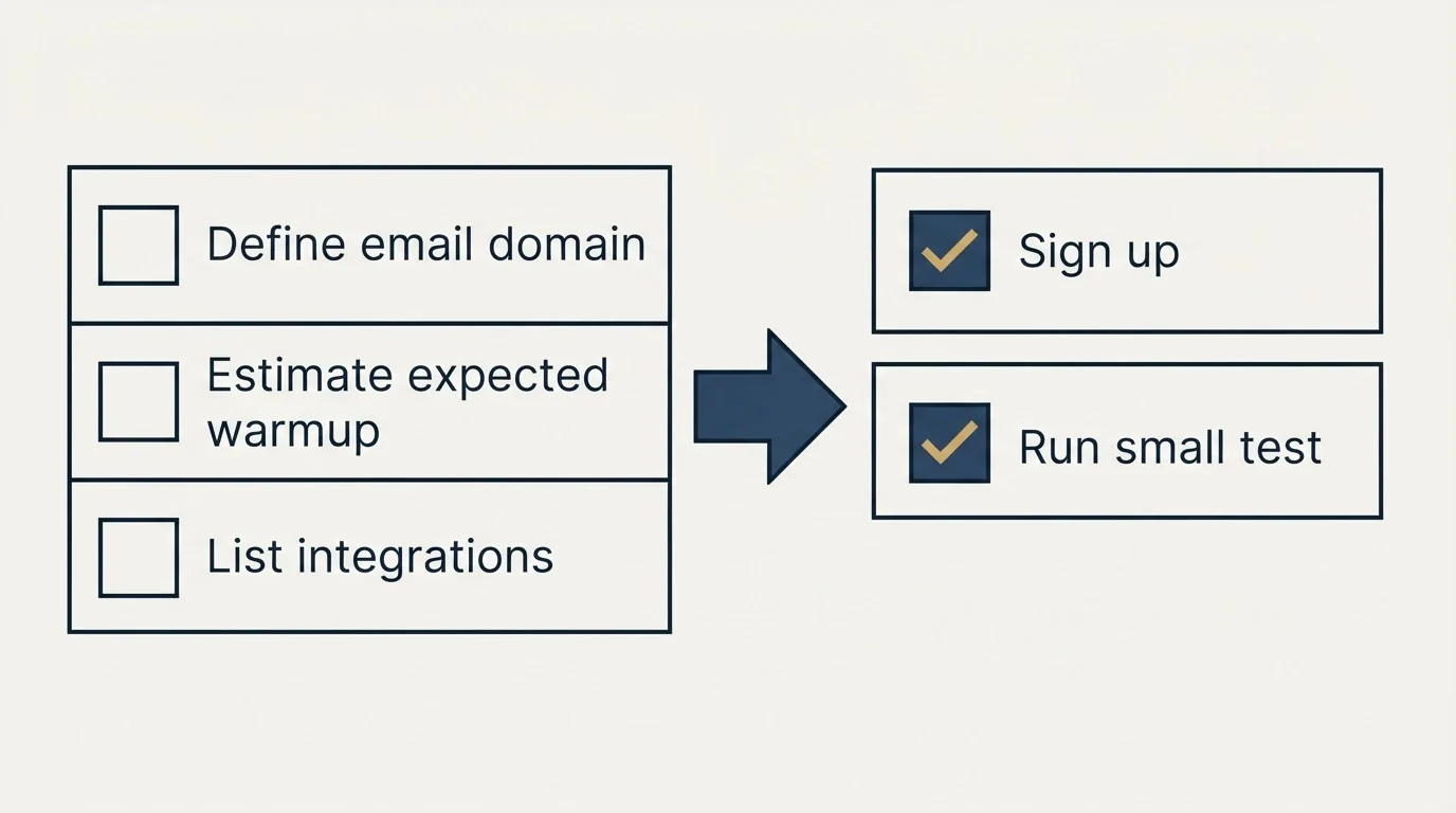 Before-and-after steps: Getting Started Checklist (Define email domain, Estimate expected warmup, List integrations, Sign up)