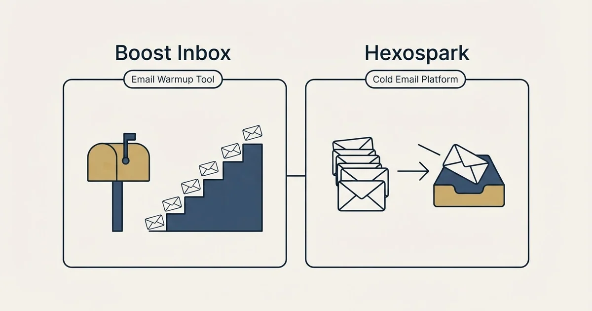 Side-by-side panels: Boost Inbox vs Hexospark (Email Warmup Tool, Cold Email Platform)