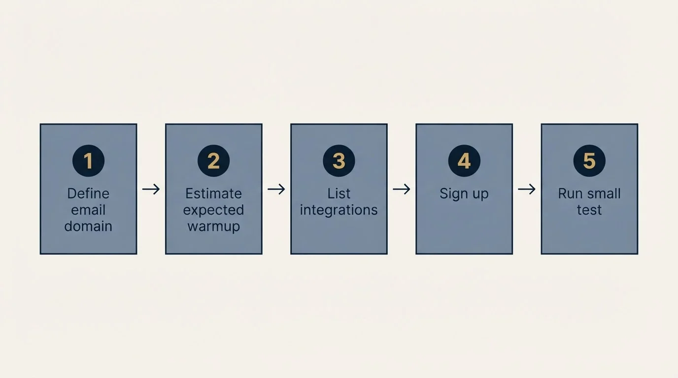 Step sequence: Getting Started Checklist (Define email domain, Estimate expected warmup, List integrations, Sign up)