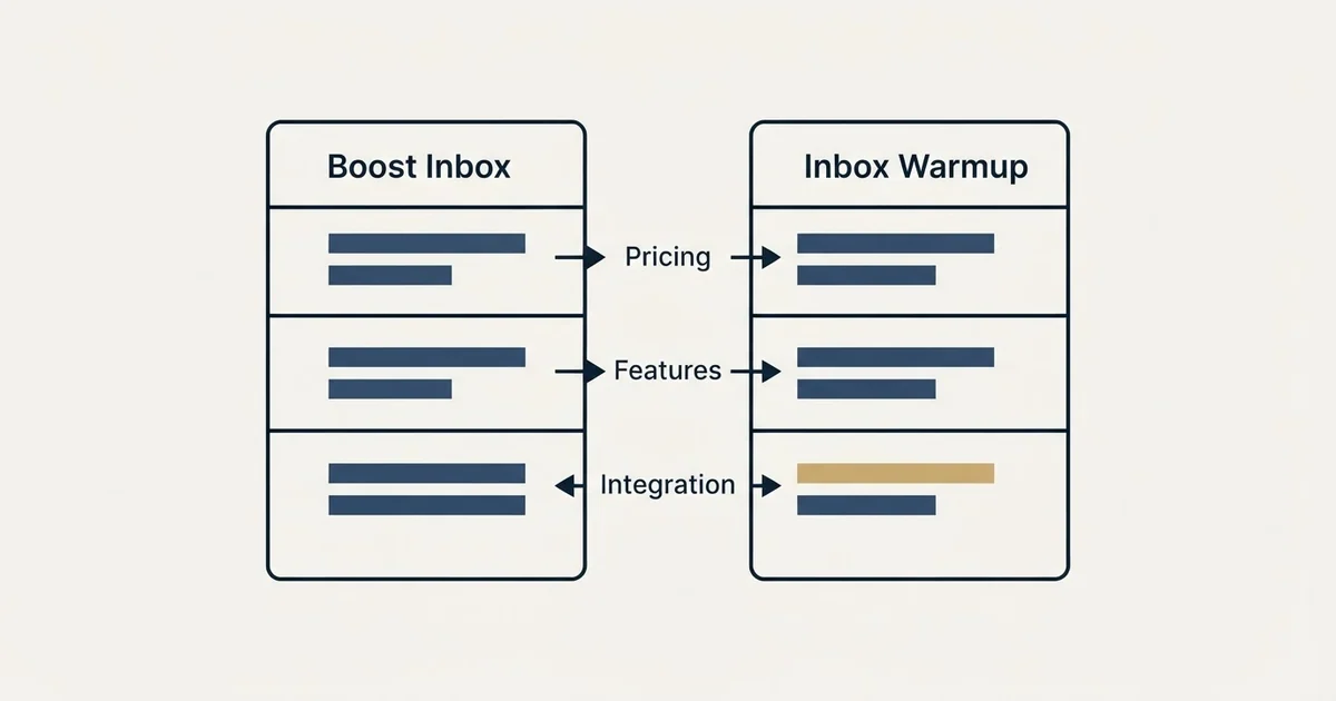 Comparison panel: Boost Inbox vs Inbox Warmup (Pricing, Features, Integration)
