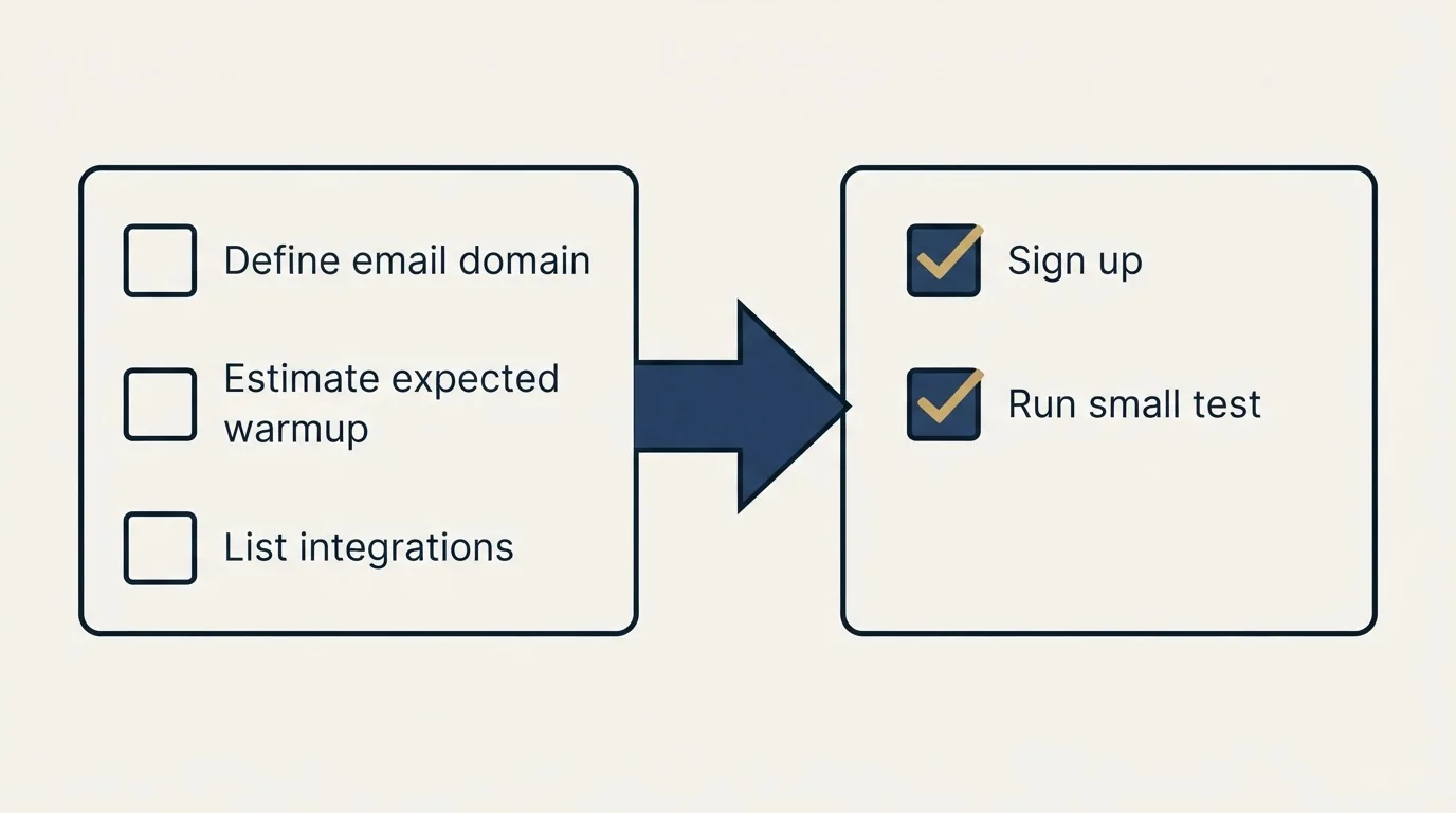 Before-and-after steps: Getting Started Checklist (Define email domain, Estimate expected warmup, List integrations, Sign up)