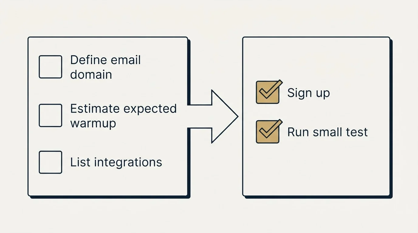 Before-and-after steps: Getting Started Checklist (Define email domain, Estimate expected warmup, List integrations, Sign up)