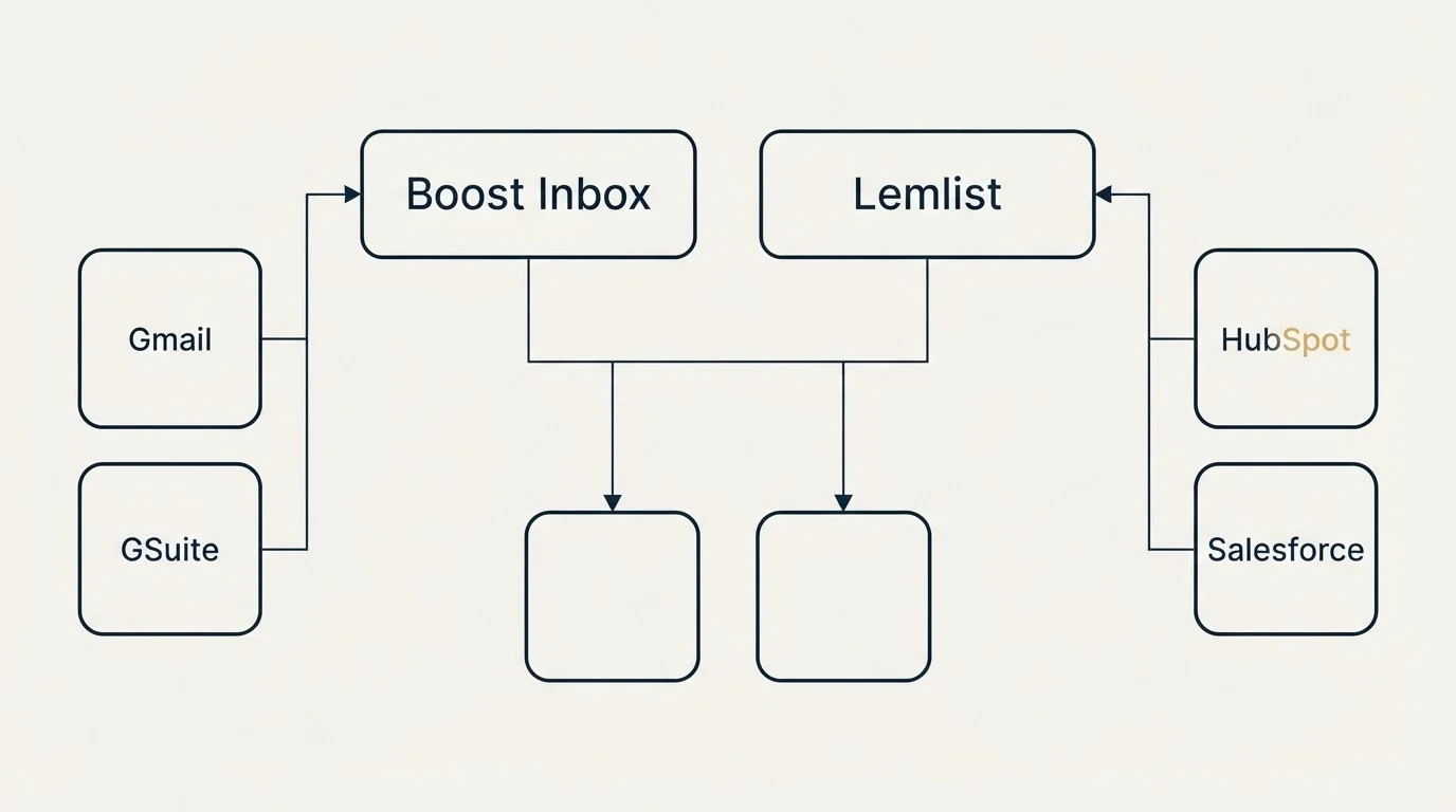 Integration grid: Integration Ecosystem (Boost Inbox, Lemlist, Gmail, HubSpot)