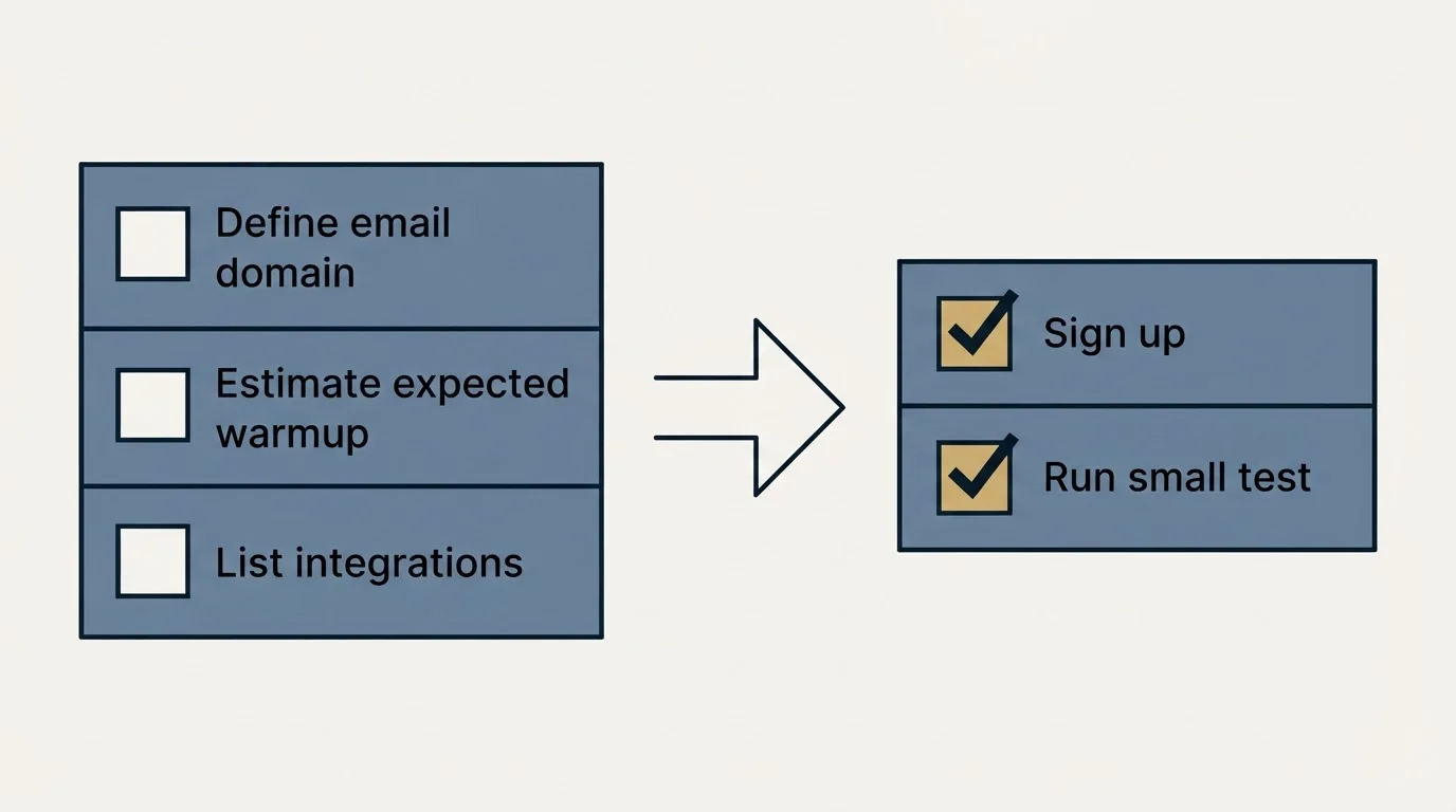 Before-and-after steps: Getting Started Checklist (Define email domain, Estimate expected warmup, List integrations, Sign up)