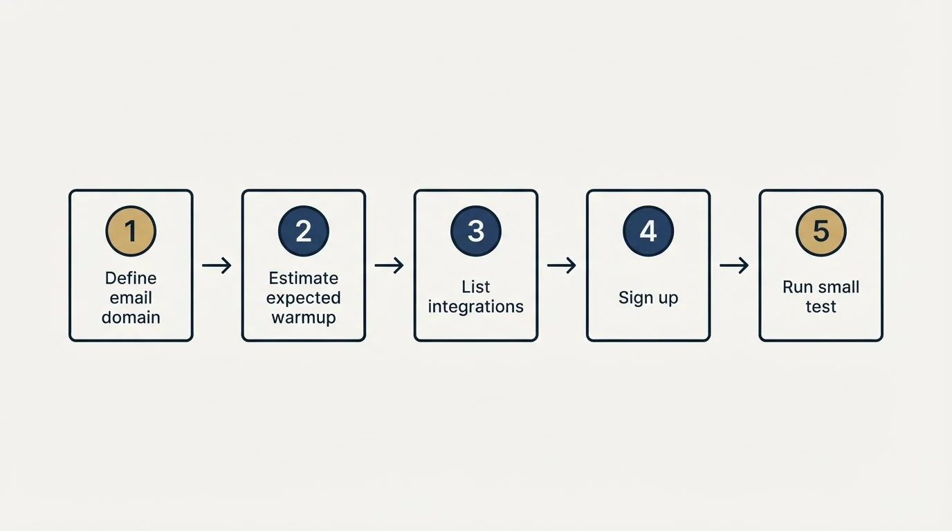 Step sequence: Getting Started Checklist (Define email domain, Estimate expected warmup, List integrations, Sign up)