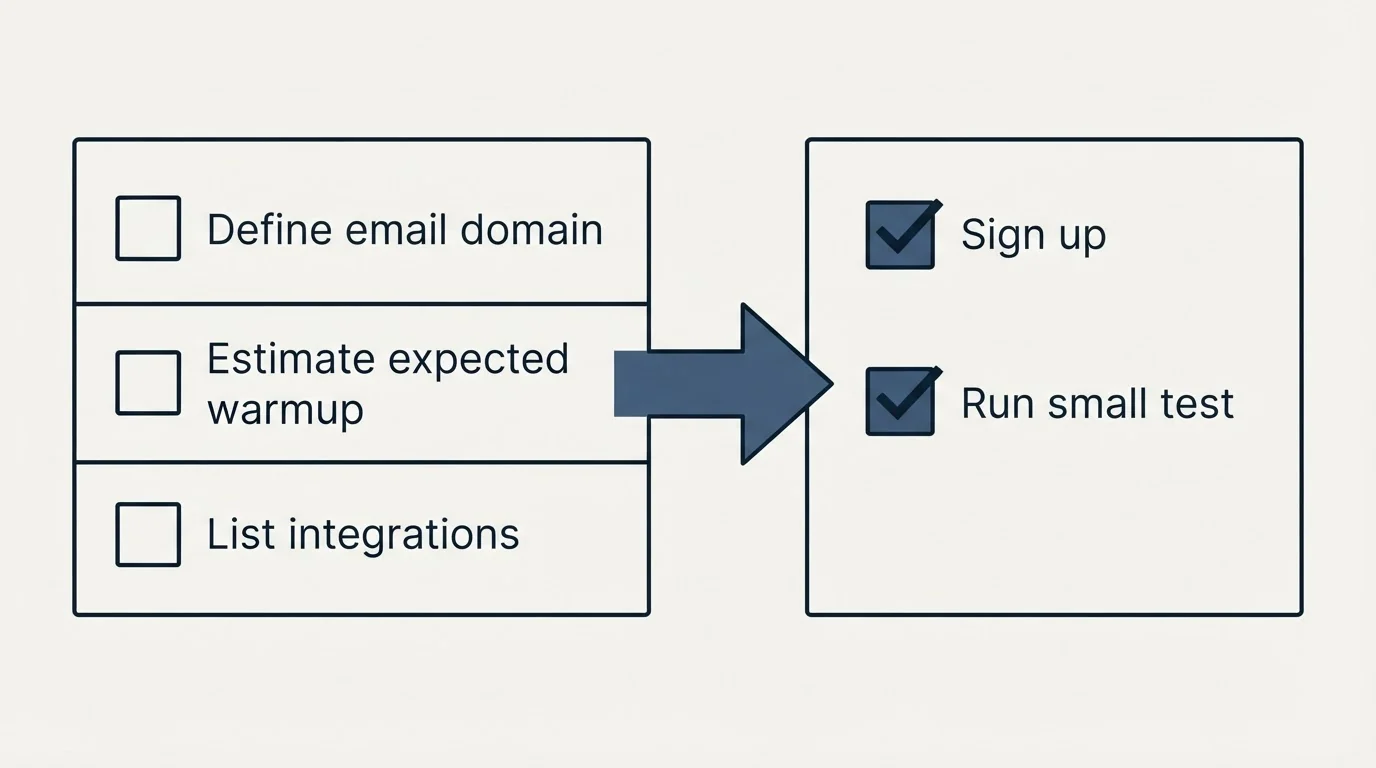 Before-and-after steps: Getting Started Checklist (Define email domain, Estimate expected warmup, List integrations, Sign up)