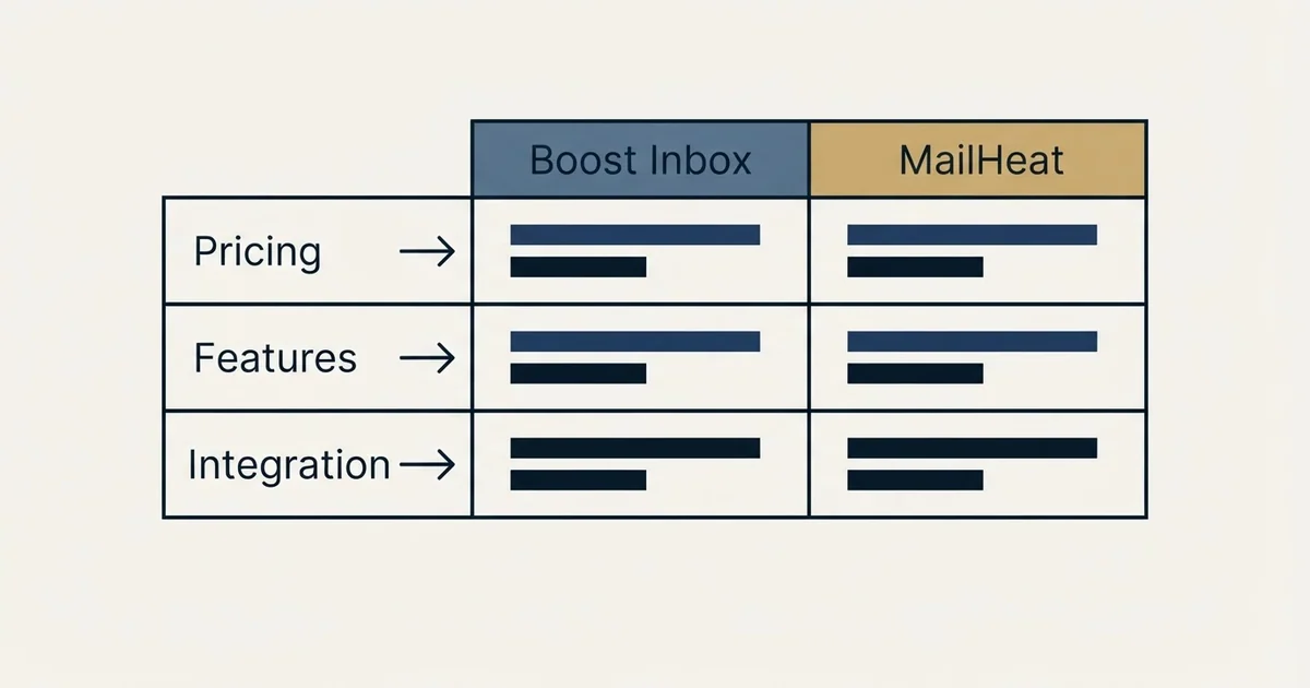 Comparison panel: Boost Inbox vs MailHeat (Pricing, Features, Integration)