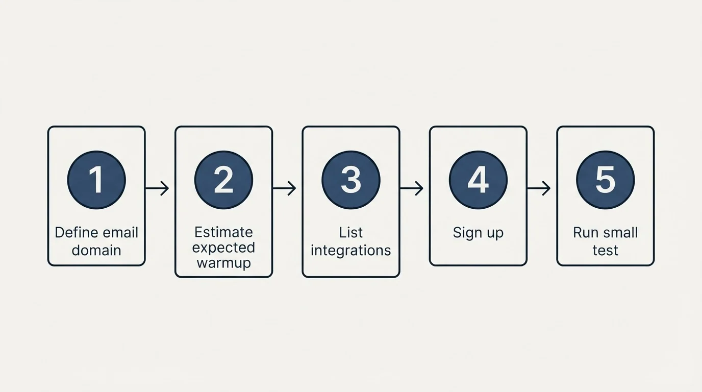 Step sequence: Getting Started Checklist (Define email domain, Estimate expected warmup, List integrations, Sign up)