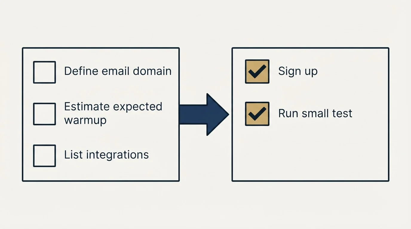 Before-and-after steps: Getting Started Checklist (Define email domain, Estimate expected warmup, List integrations, Sign up)