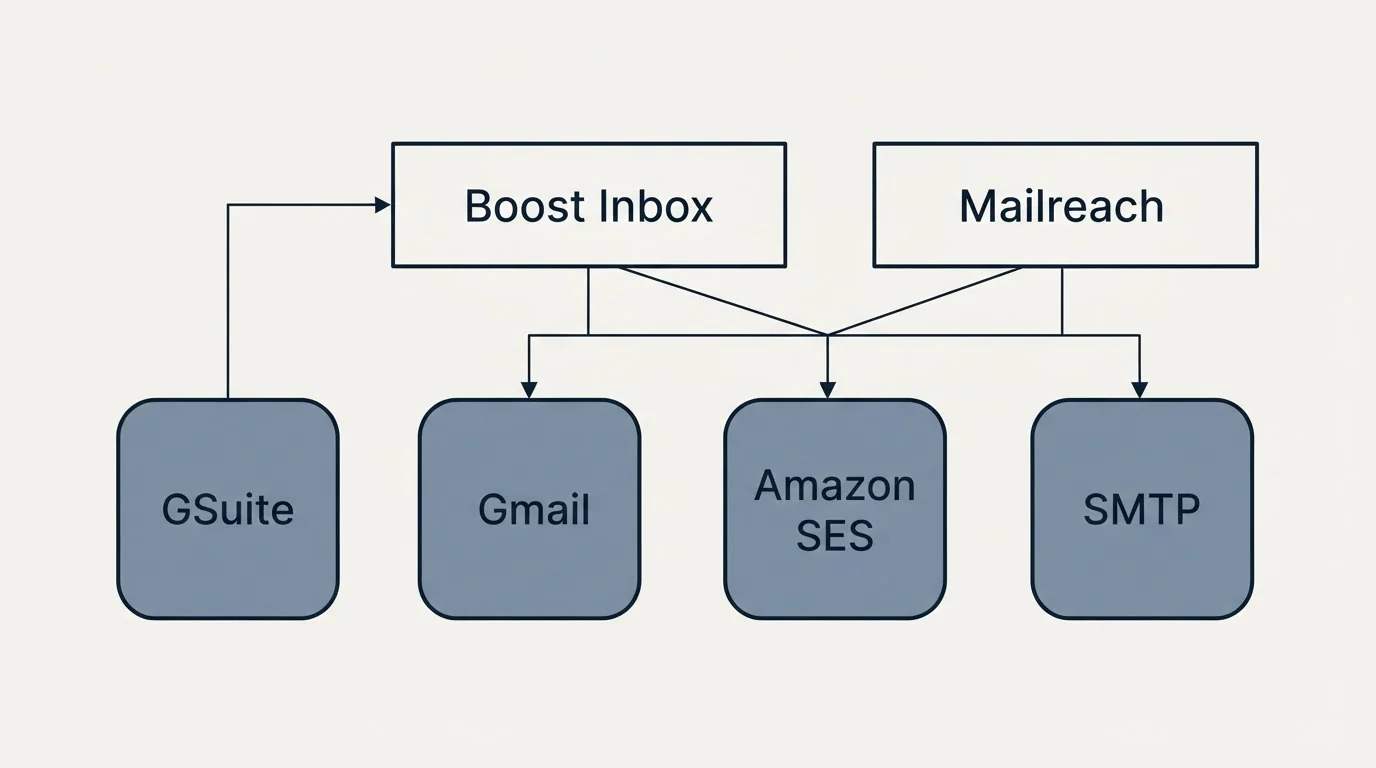 Integration grid: Integration Ecosystem (Boost Inbox, Mailreach, Gmail, Amazon SES)
