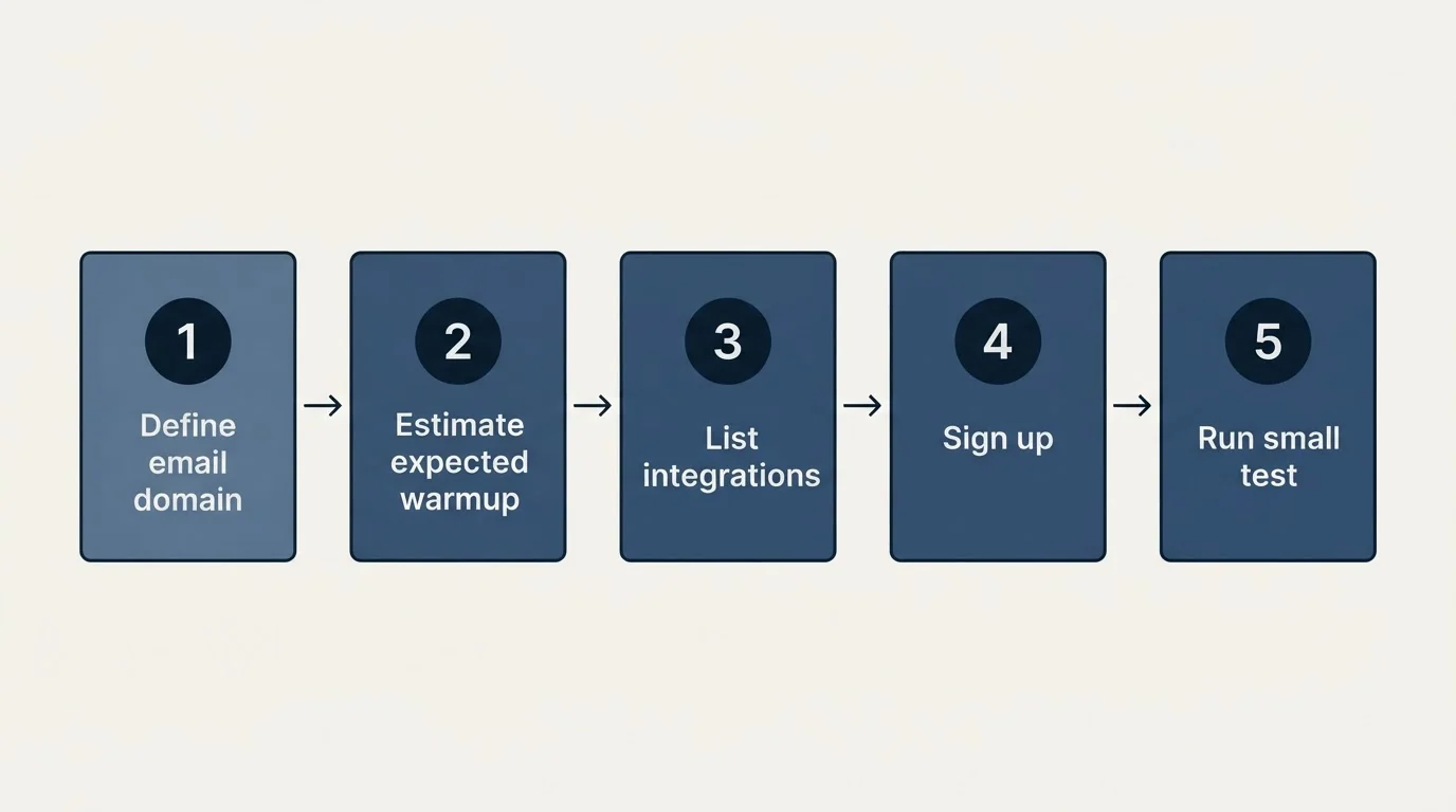 Step sequence: Getting Started Checklist (Define email domain, Estimate expected warmup, List integrations, Sign up)