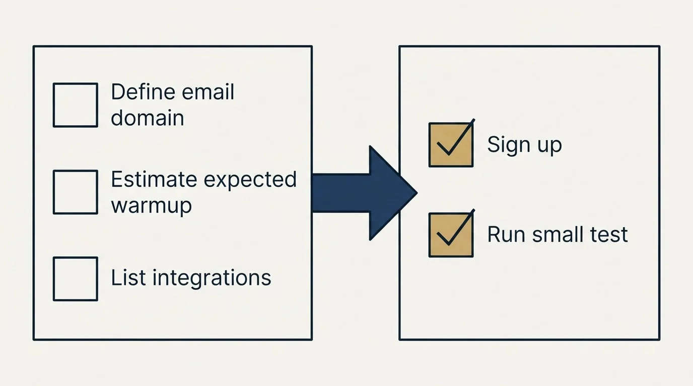 Before-and-after steps: Getting Started Checklist (Define email domain, Estimate expected warmup, List integrations, Sign up)