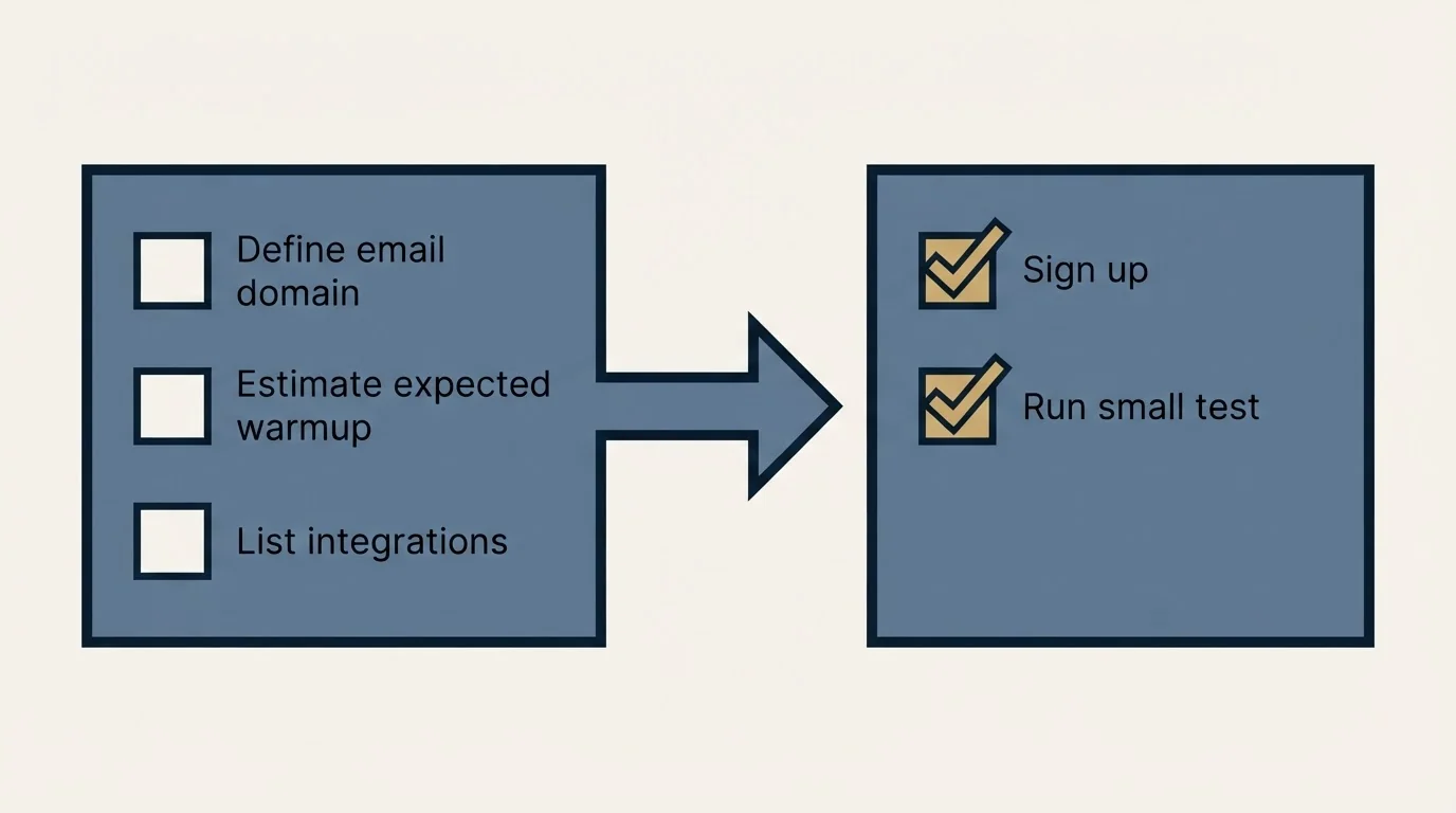 Before-and-after steps: Getting Started Checklist (Define email domain, Estimate expected warmup, List integrations, Sign up)