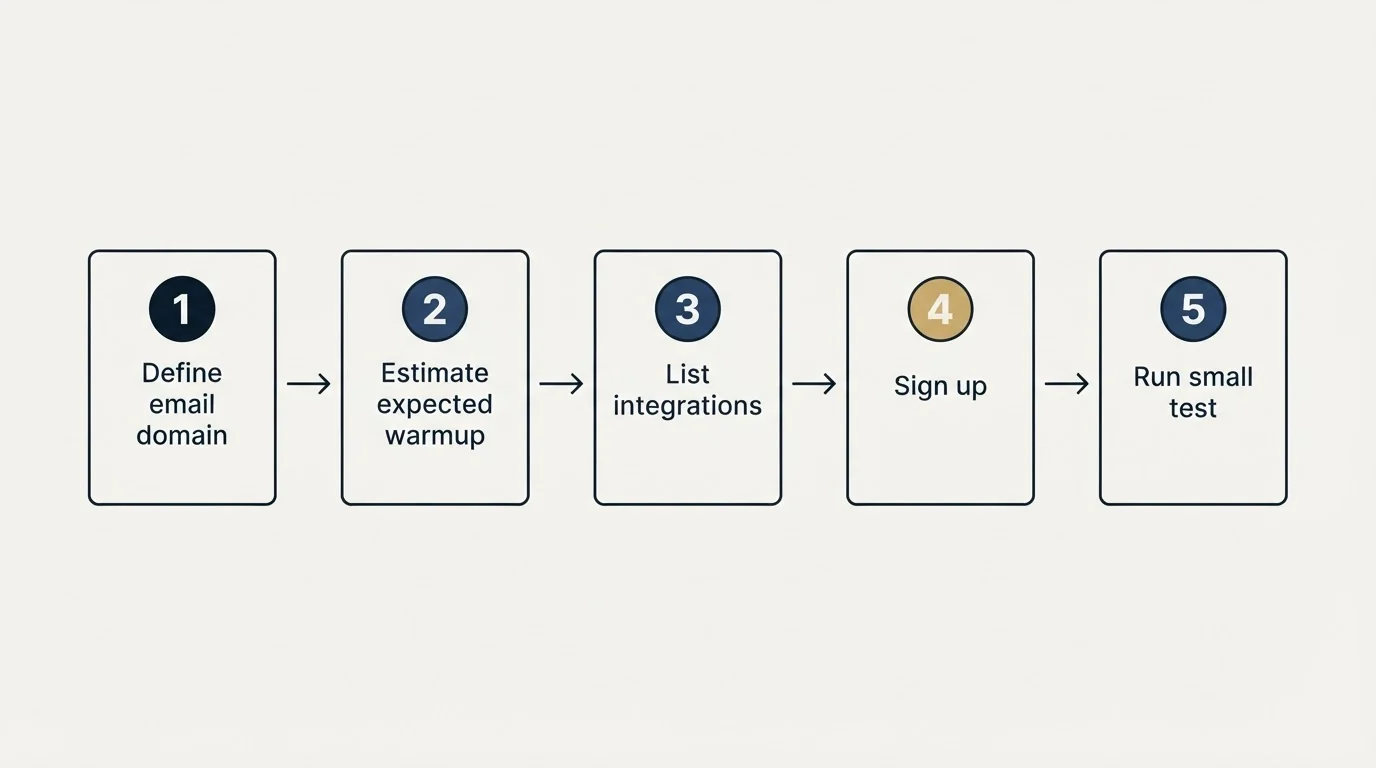 Step sequence: Getting Started Checklist (Define email domain, Estimate expected warmup, List integrations, Sign up)