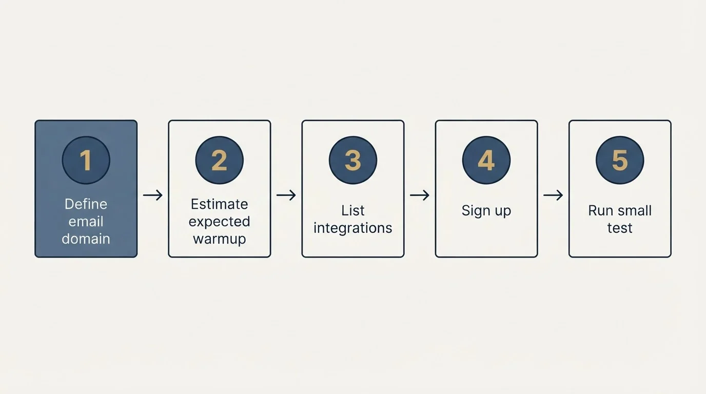 Step sequence: Getting Started Checklist (Define email domain, Estimate expected warmup, List integrations, Sign up)