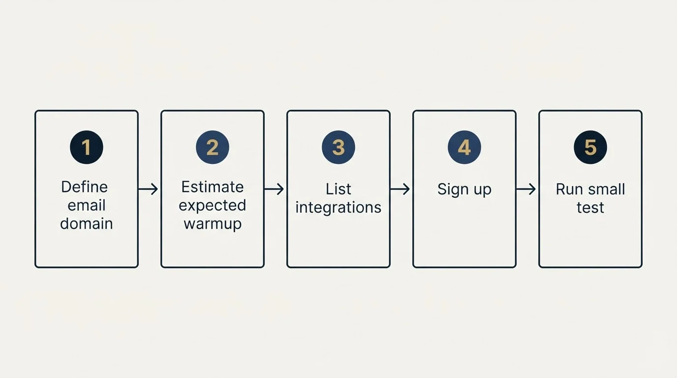 Step sequence: Getting Started Checklist (Define email domain, Estimate expected warmup, List integrations, Sign up)