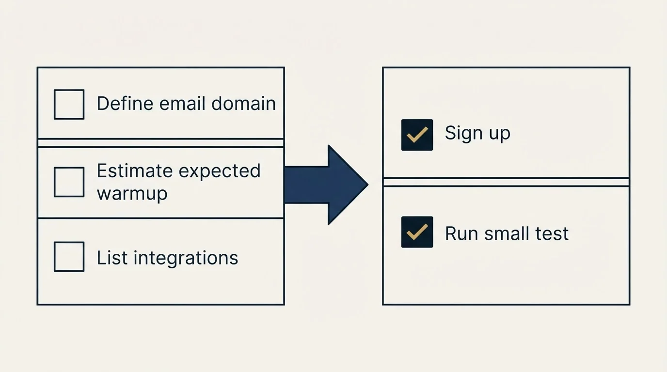 Before-and-after steps: Getting Started Checklist (Define email domain, Estimate expected warmup, List integrations, Sign up)