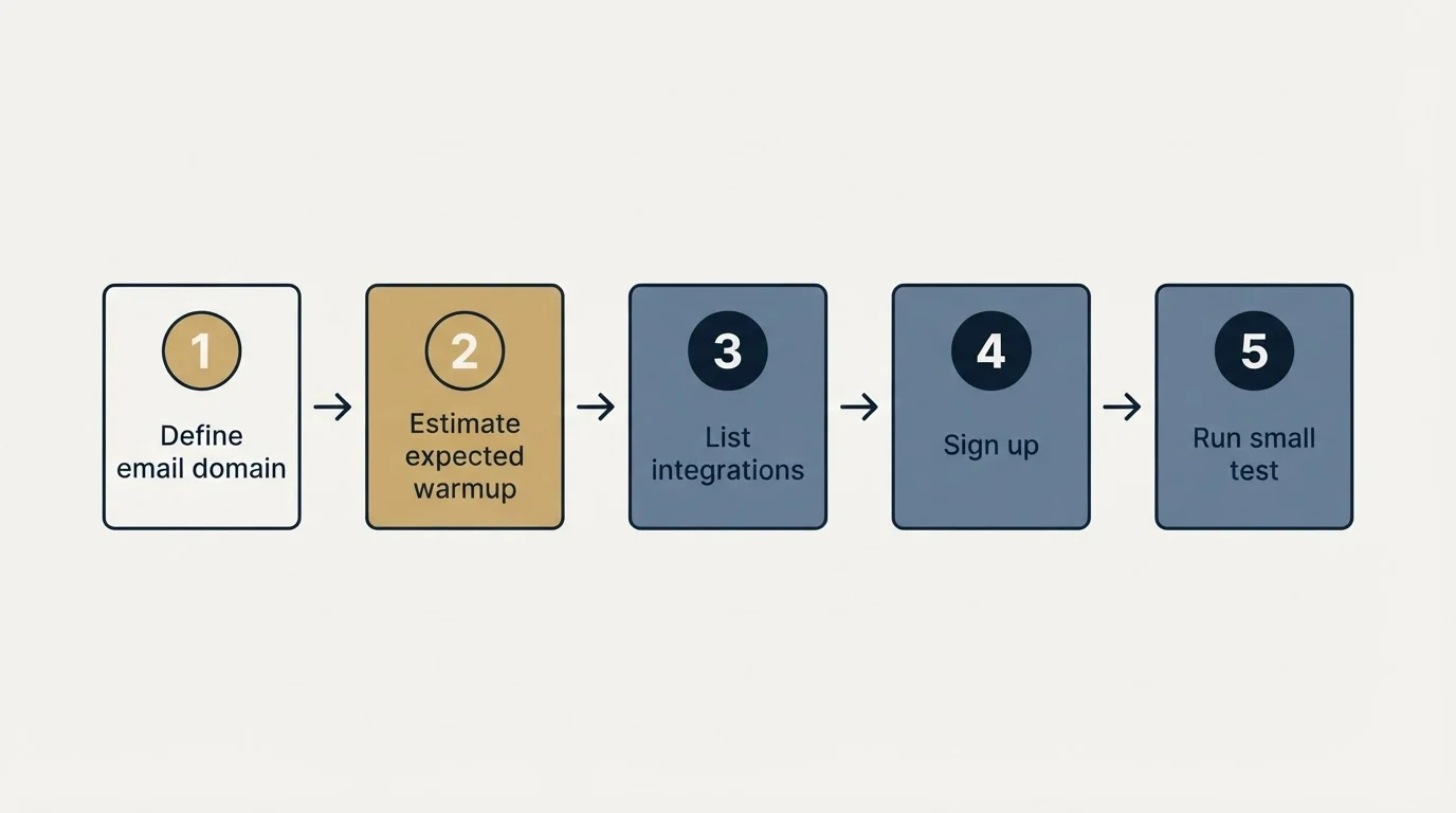Step sequence: Getting Started Checklist (Define email domain, Estimate expected warmup, List integrations, Sign up)