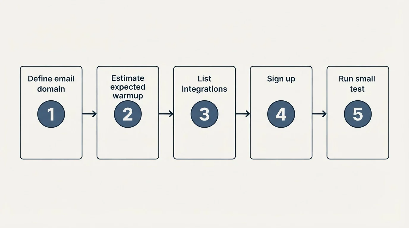Step sequence: Getting Started Checklist (Define email domain, Estimate expected warmup, List integrations, Sign up)