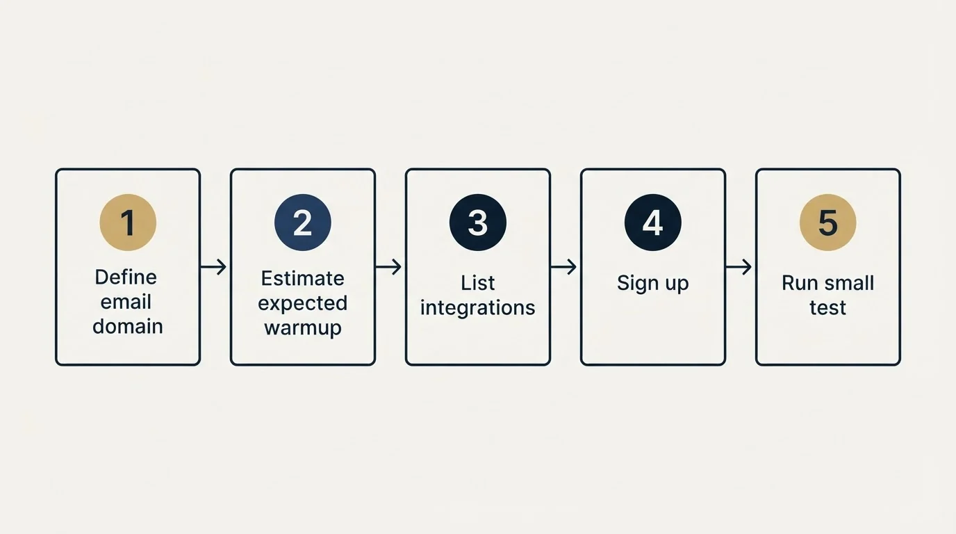 Step sequence: Getting Started Checklist (Define email domain, Estimate expected warmup, List integrations, Sign up)