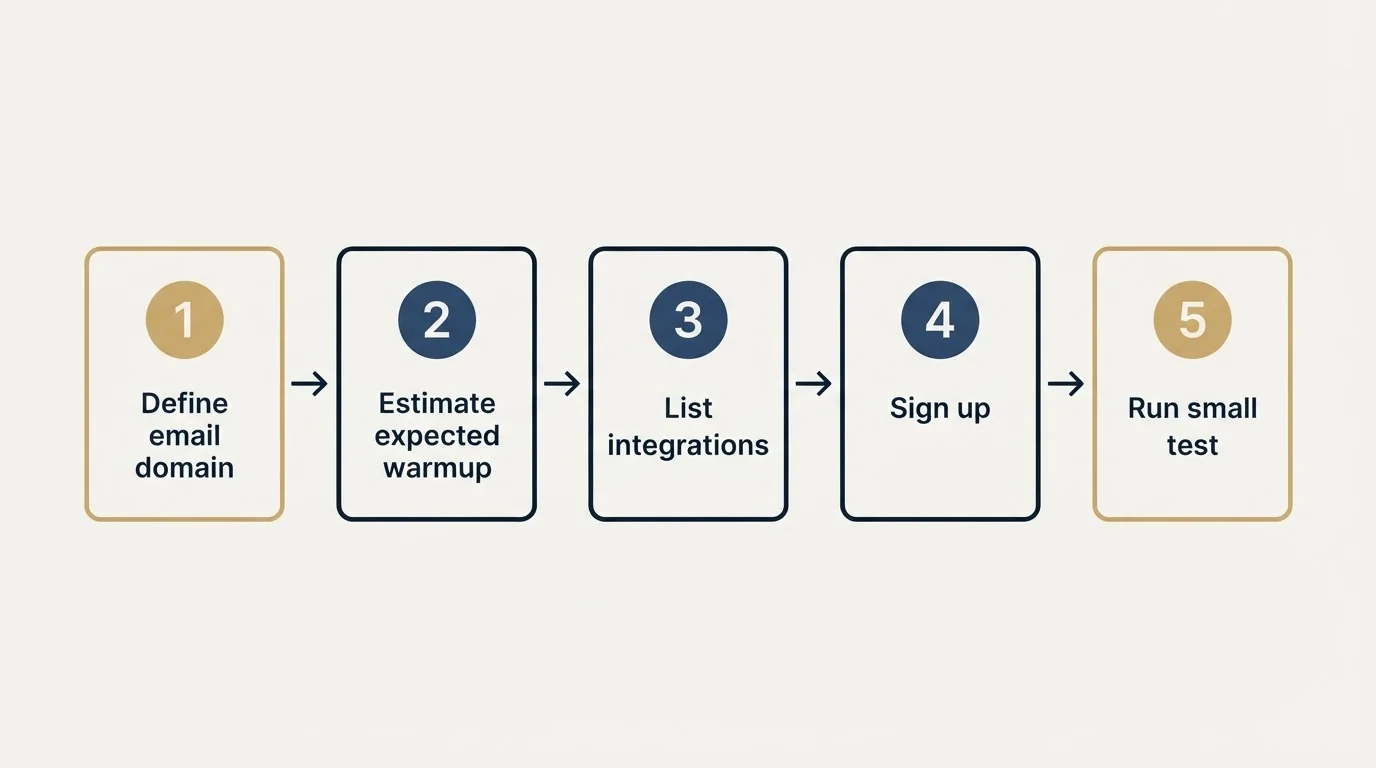 Step sequence: Getting Started Checklist (Define email domain, Estimate expected warmup, List integrations, Sign up)