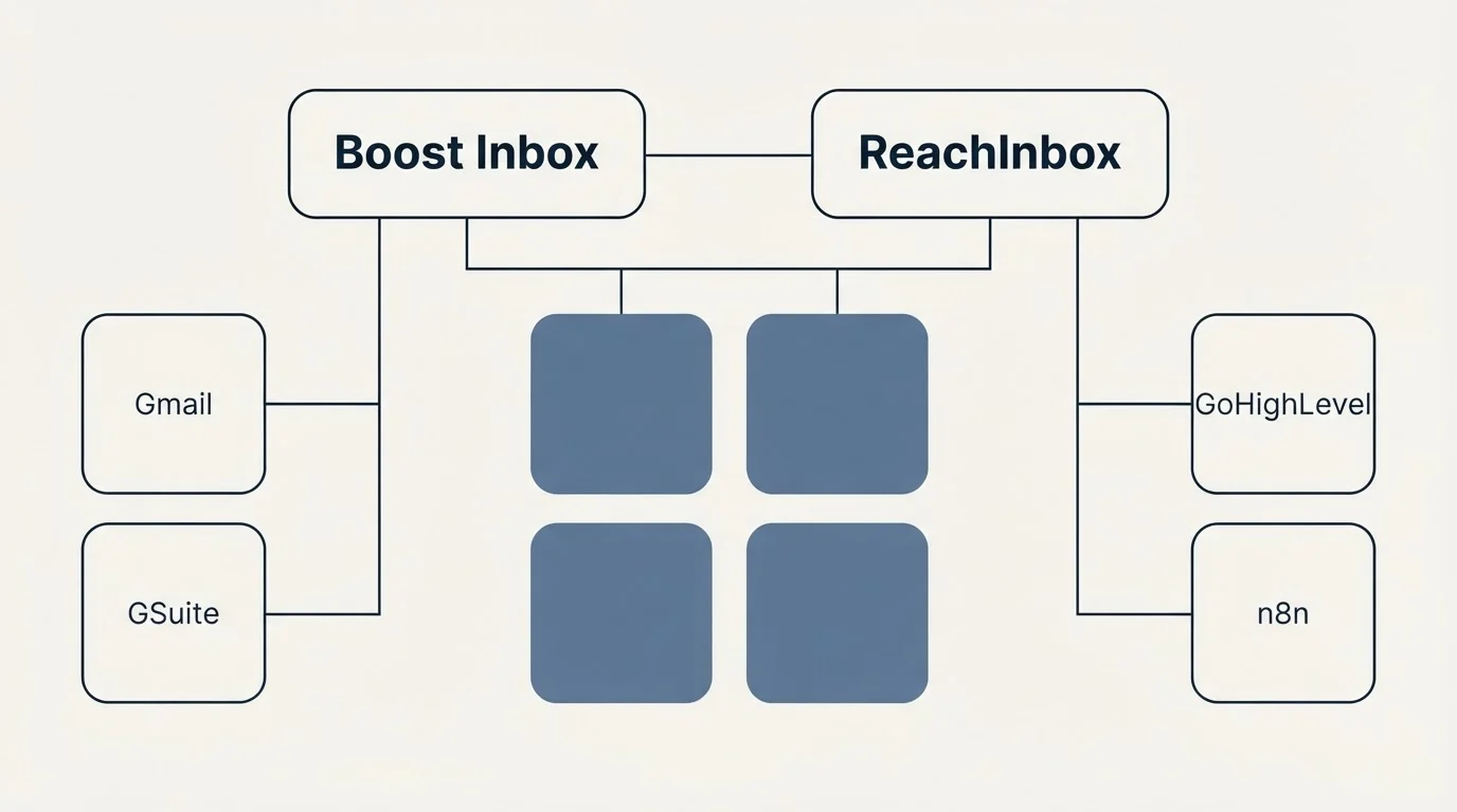 Integration grid: Integration Ecosystem (Boost Inbox, ReachInbox, Gmail, GoHighLevel)