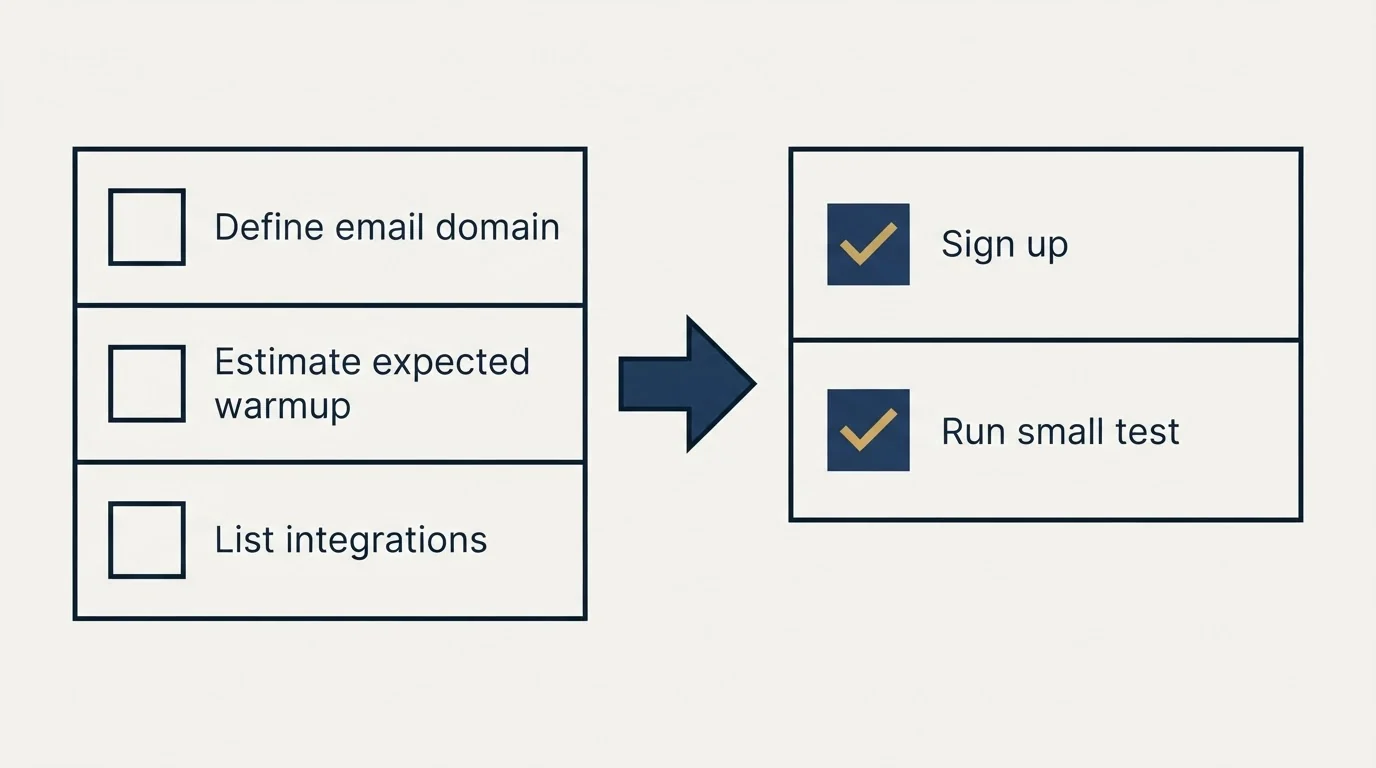 Before-and-after steps: Getting Started Checklist (Define email domain, Estimate expected warmup, List integrations, Sign up)