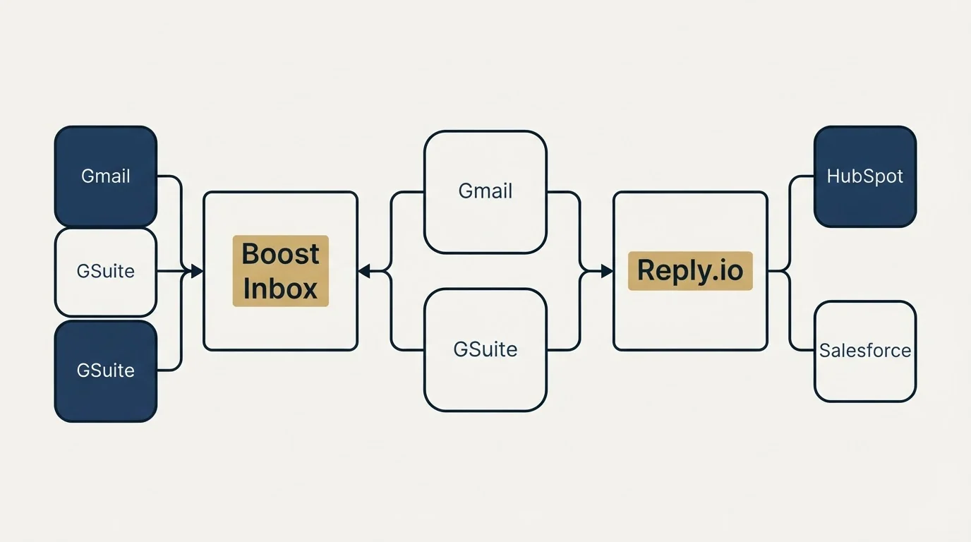 Integration schematic: Integration Ecosystem (Boost Inbox, Reply.io, Gmail, HubSpot)