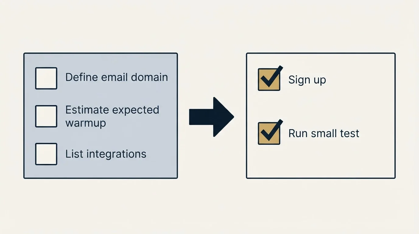 Before-and-after steps: Getting Started Checklist (Define email domain, Estimate expected warmup, List integrations, Sign up)