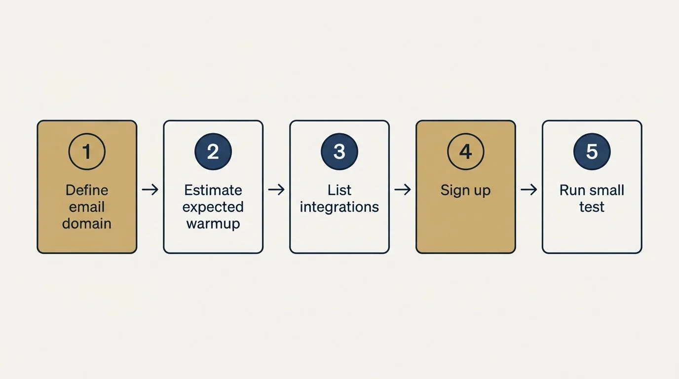 Step sequence: Getting Started Checklist (Define email domain, Estimate expected warmup, List integrations, Sign up)
