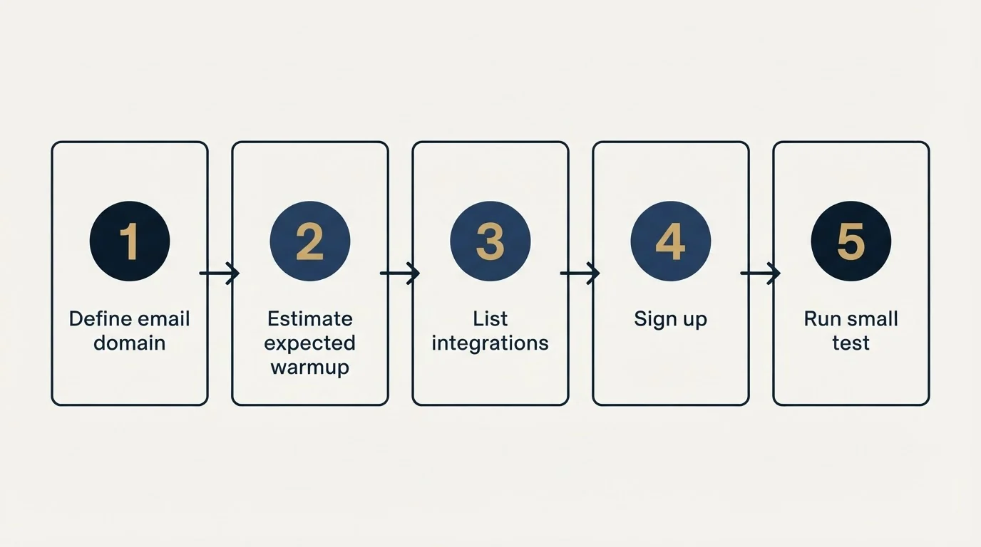 Step sequence: Getting Started Checklist (Define email domain, Estimate expected warmup, List integrations, Sign up)