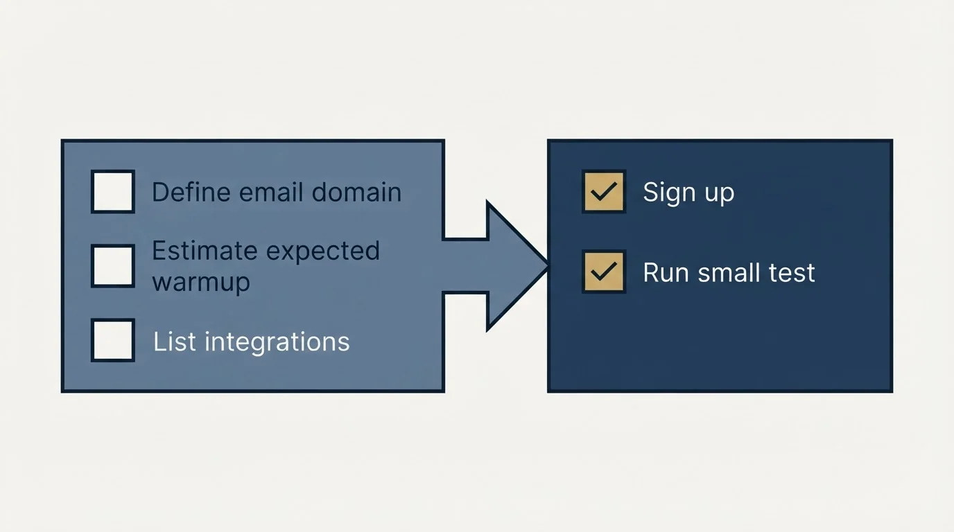 Before-and-after steps: Getting Started Checklist (Define email domain, Estimate expected warmup, List integrations, Sign up)