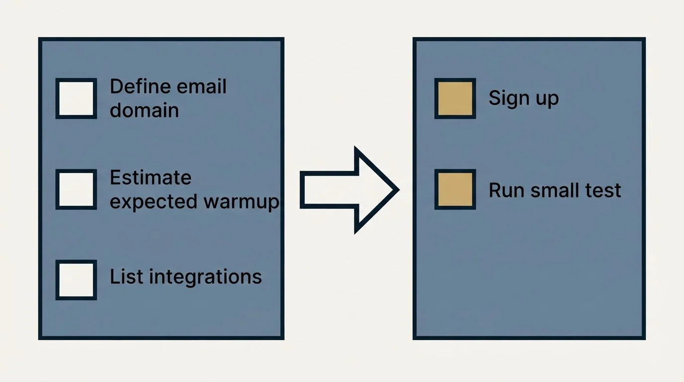 Before-and-after steps: Getting Started Checklist (Define email domain, Estimate expected warmup, List integrations, Sign up)