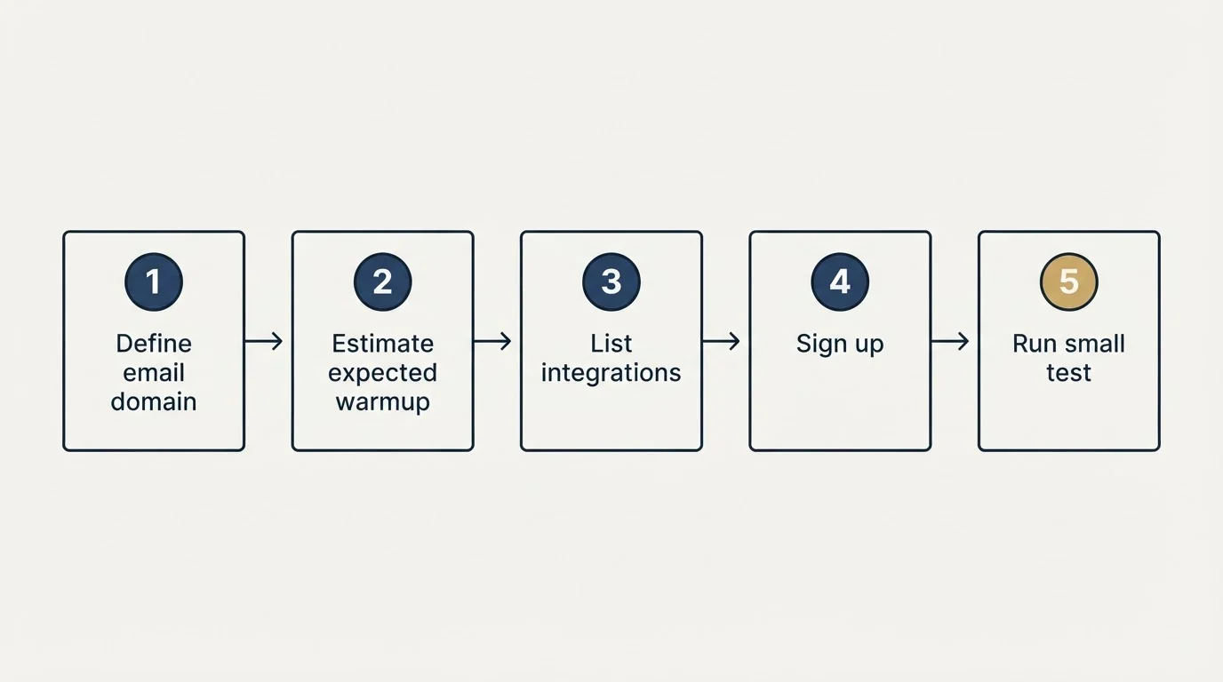 Step sequence: Getting Started Checklist (Define email domain, Estimate expected warmup, List integrations, Sign up)